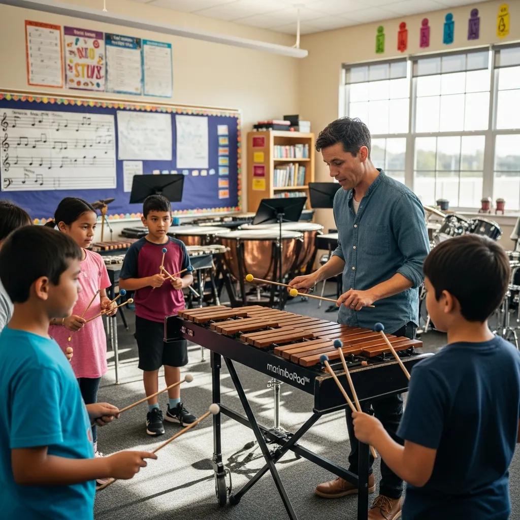 Music educator demonstrating MarimbaPad™ with students in a classroom, highlighting interactive percussion teaching methods.