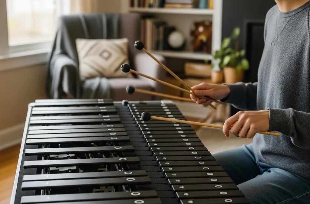 Musician practicing on MarimbaPad™ in a cozy home setting, showcasing authentic features and a full-scale layout for effective percussion practice.