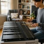 Musician practicing on MarimbaPad&trade; in a cozy home environment, highlighting its authentic features