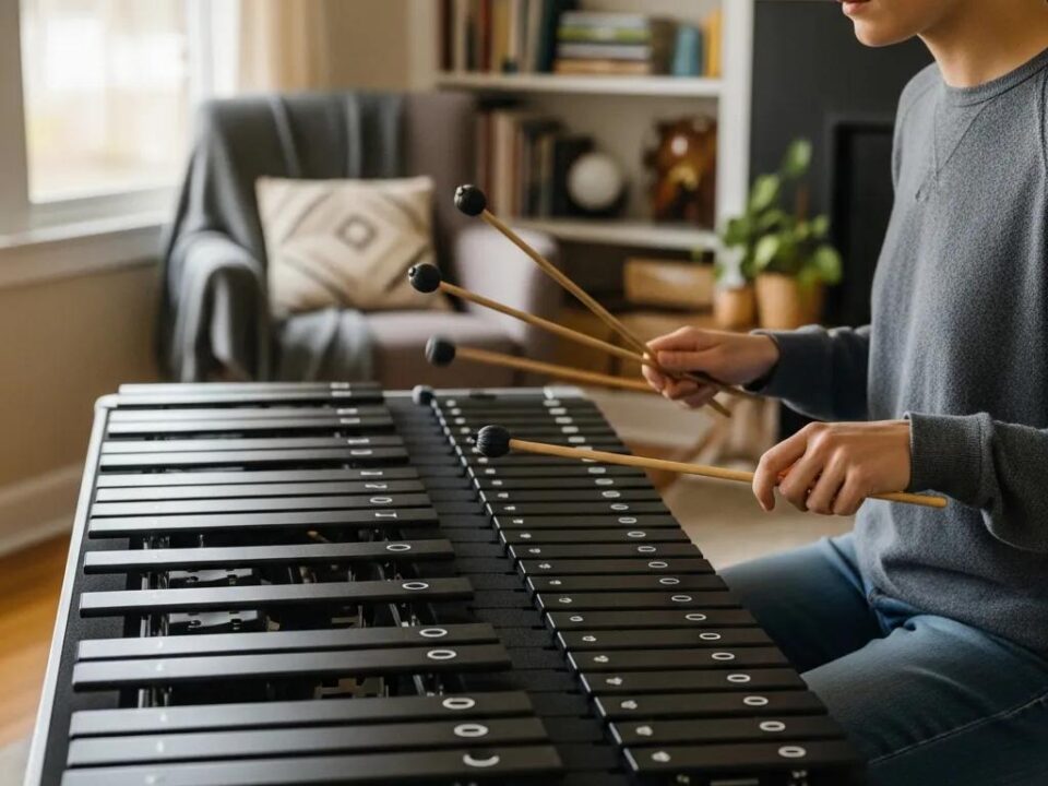 Musician practicing on a MarimbaPad&trade; in a cozy home setting, highlighting its authentic features and promoting skill enhancement in marimba playing.