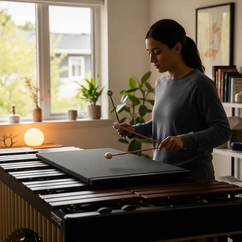 Musician practicing on MarimbaPad™ in a serene home studio, showcasing sound-dampening features and a foldable US Maple frame.